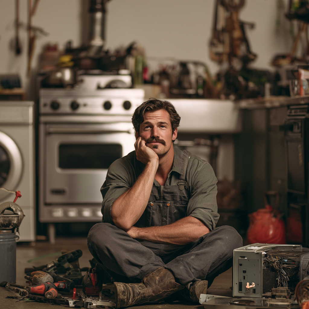 Appliance technician evaluating household equipment and repair tools