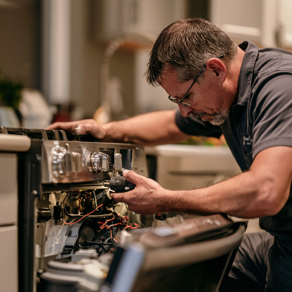 Technician diagnosing controls and wiring on a household appliance
