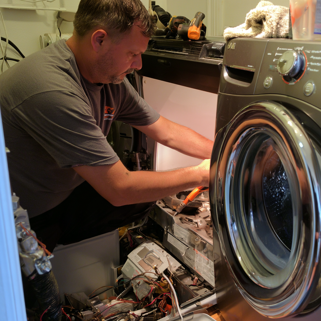 Technician servicing wiring inside a washing machine