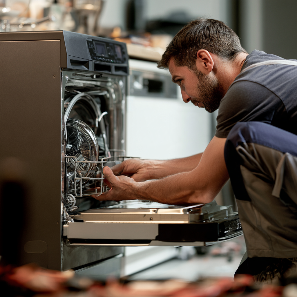 Technician adjusting the lower rack and components of a dishwasher