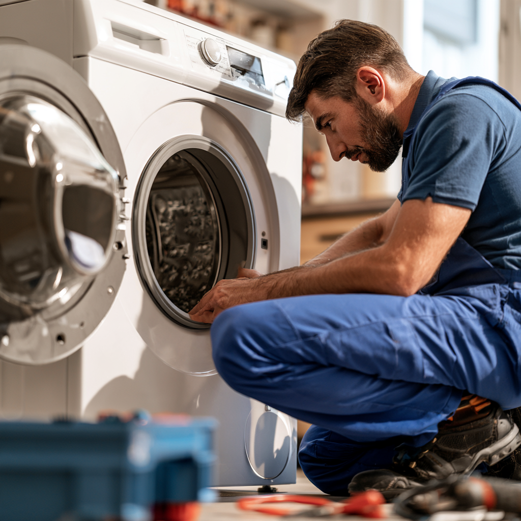 Technician examining the door seal of a front-loading washer