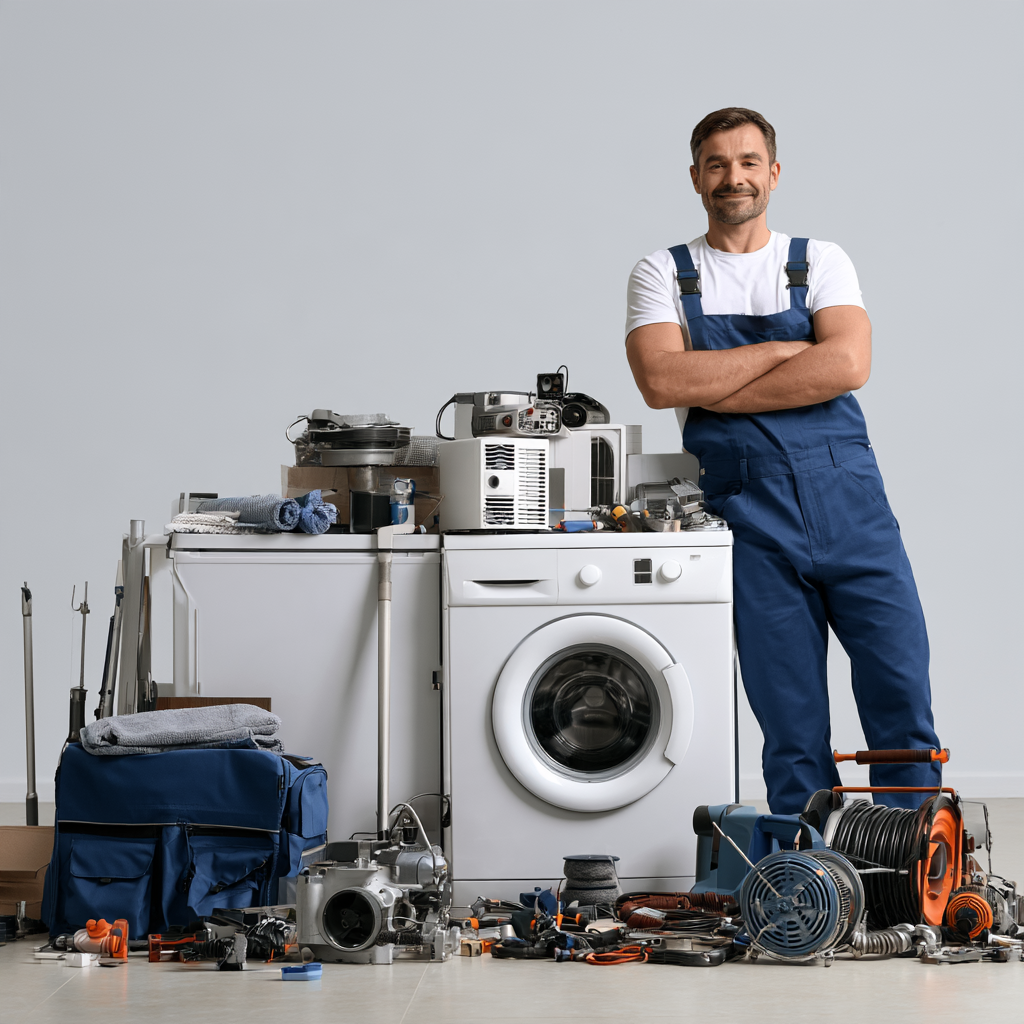 Appliance repair professional standing with household appliances and diagnostic tools